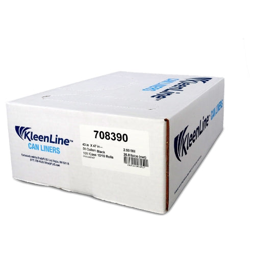 KleenLine Can Liner 43x47 2 MIL Black, 56 Gallon Capacity, 10 rolls of 10 liners, 100 Count