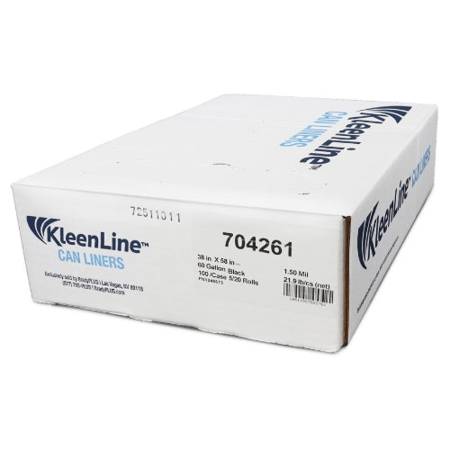 KleenLine Can Liner 38x58 1.5 MIL Black, 60 Gallon Capacity, 5 rolls of 20 liners, 100 Count