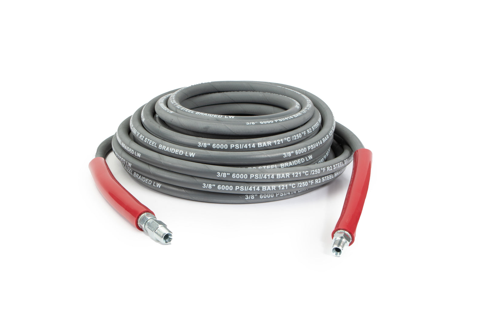 Gray pressure washer hose with red bend restrictors and QC ends