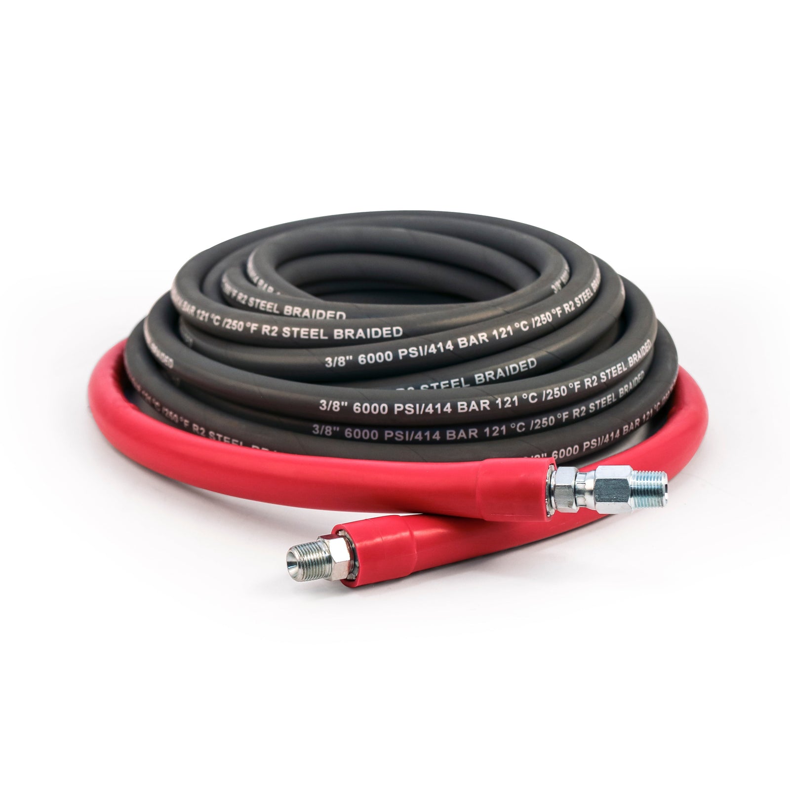 Gray pressure washer hose with ribbed bend restrictors