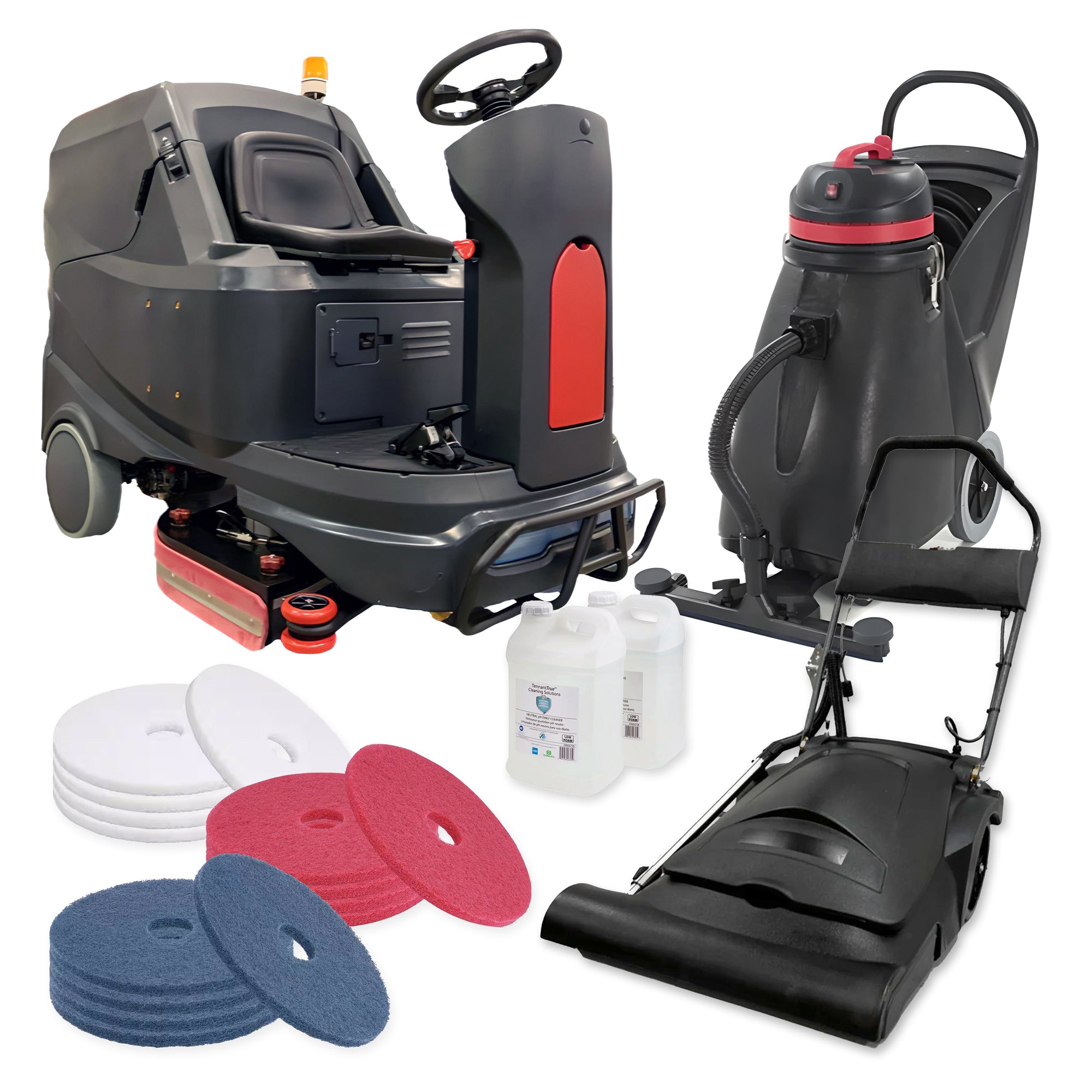 Large Facility Floor Care Package: Ride-On Scrubber, Wide Area Vacuum, Wet/Dry Vacuum, Pads & Cleaner