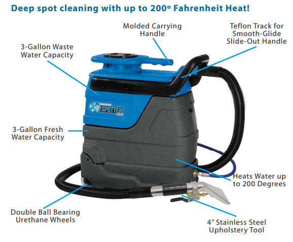 Sandia, Carpet Spotter, 3 Gallon, 55 PSI, Hot Water, 15' Hose Stainless Steel Upholstery Tool, 2 Year Pump and Motor Warranty, 50-4000