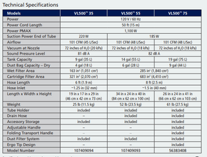 Nilfisk Advance VL500 35/55/75, Shop Vac, 9, 14 or 19 Gallon, With Tool Kit, Front Mount Squeegee Optional, 3 Year Warranty