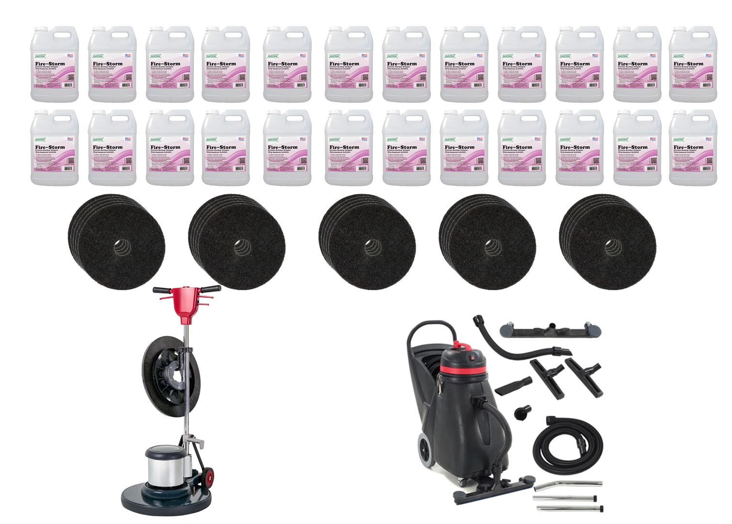 Floor Stripping Package Premium | 24 X 2.5 Gallons 906935 Fire-Storm | 20" Floor Buffer | 18 Gallon Shop Vacuum | 50 Black Floor Stripping Pads
