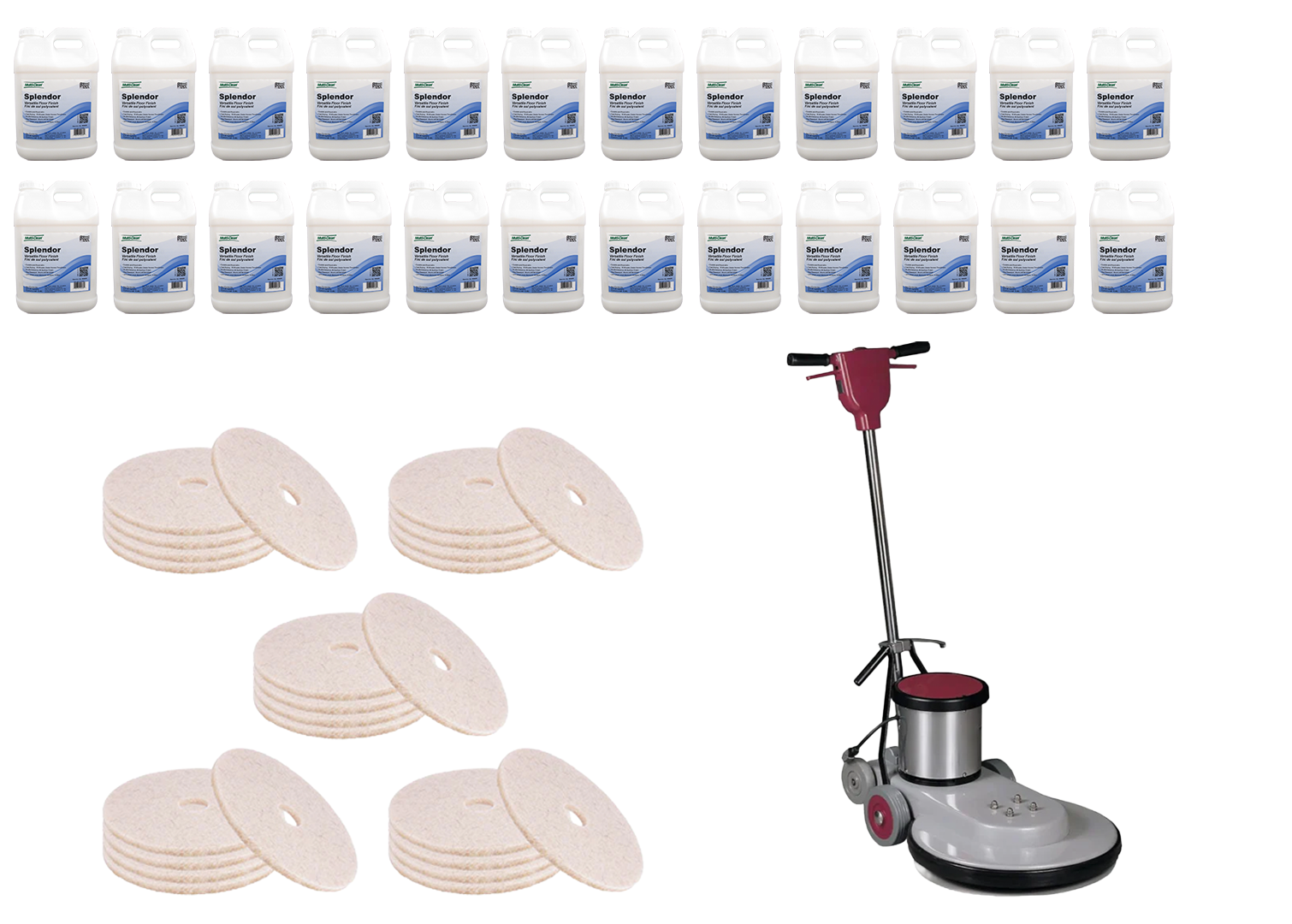 Floor Polishing Package | 24 X 2.5 Gallons 904885 Splendor | 20" Floor Burnisher | 25 Burnishing Pads
