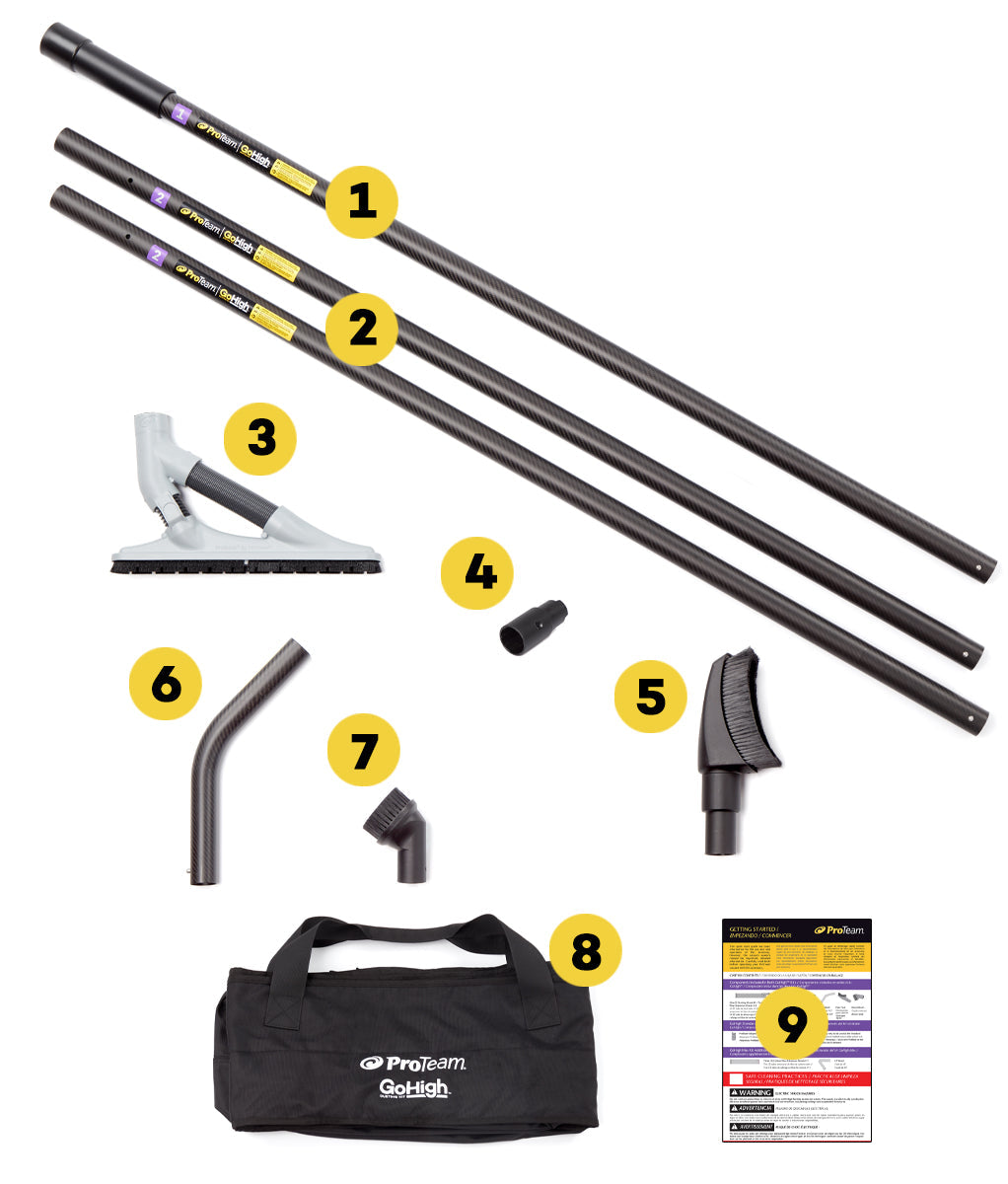 ProTeam GoHigh Standard 107851 kit: 3 carbon fiber poles, ProBlade, 135-degree bend, pipe tool, round brush, and bag
