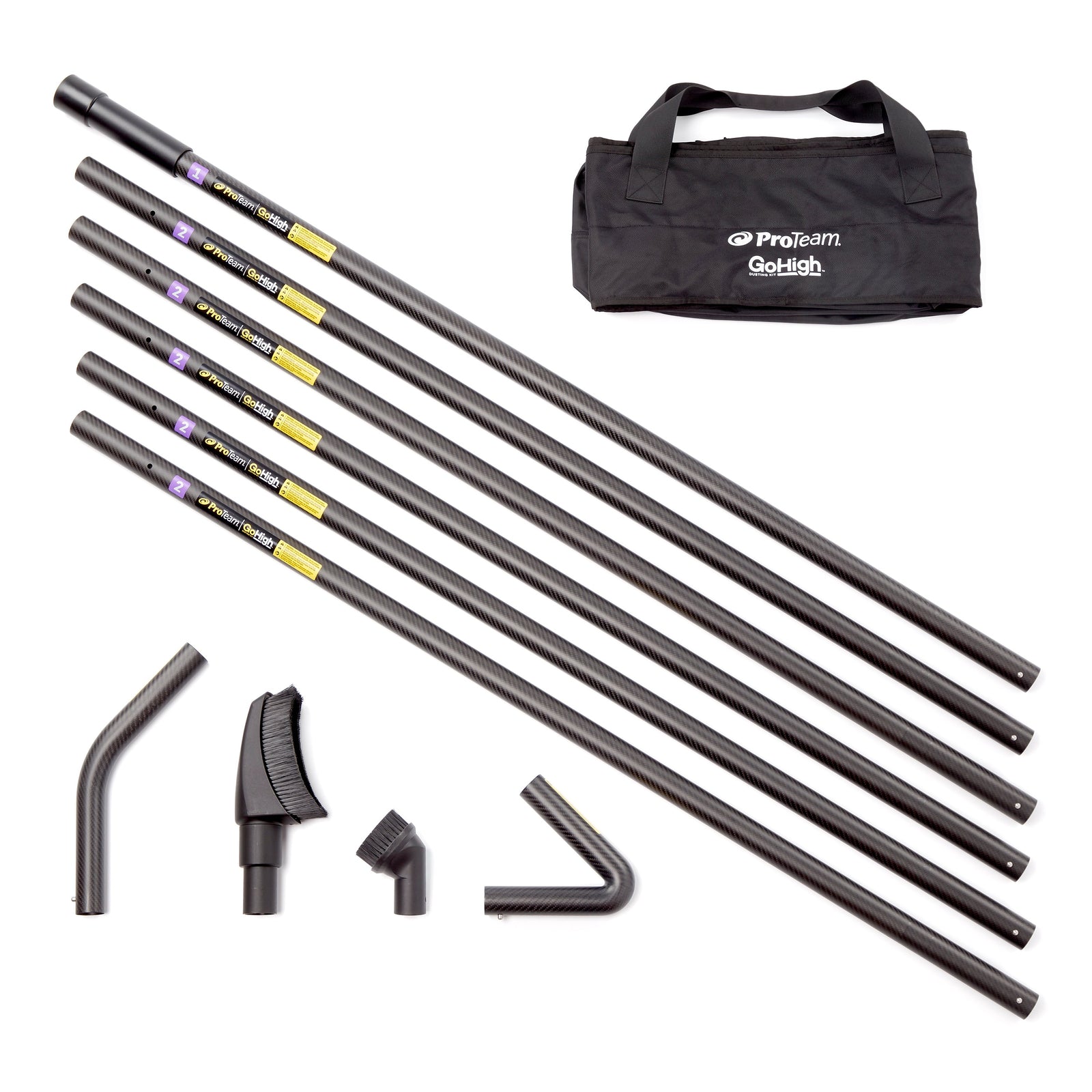 ProTeam GoHigh Max 107852 kit: 6 carbon fiber poles, 45 and 135-degree bends, pipe tool, round brush, and bag