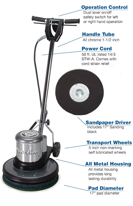 Powr-Flite Classic Metal Floor Machine 17" 1.5 HP with Sandpaper Driver | C171SD