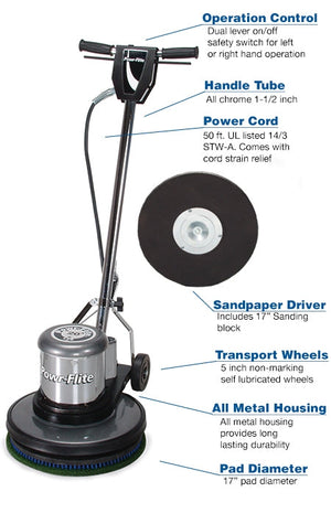 Powr-Flite Classic Metal, Floor Machine, Low Speed, 17", 95lbs, 175 RPMs, 1.5HP, 50' Cord, Includes Sanding Drive Plate