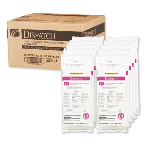Dispatch Cleaner Disinfectant Towels With Bleach, 1-ply, 9 X 10, Unscented, White, 60/pack, 12 Packs/carton