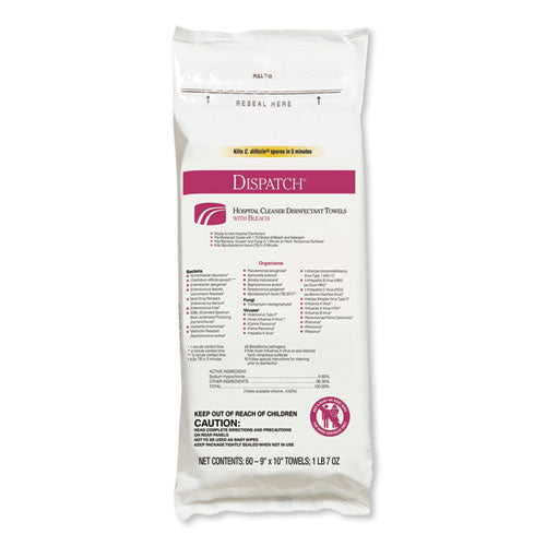 Dispatch Cleaner Disinfectant Towels With Bleach, 1-ply, 9 X 10, Unscented, White, 60/pack, 12 Packs/carton