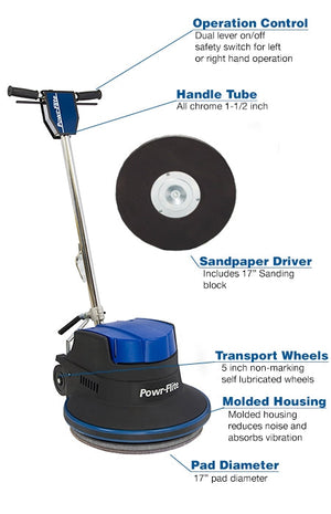 Powr-Flite Millennium, Floor Machine, Low Speed, 17", 109lbs, 175 RPMs, 1.5HP, 50' Cord, Includes Sanding Drive Plate